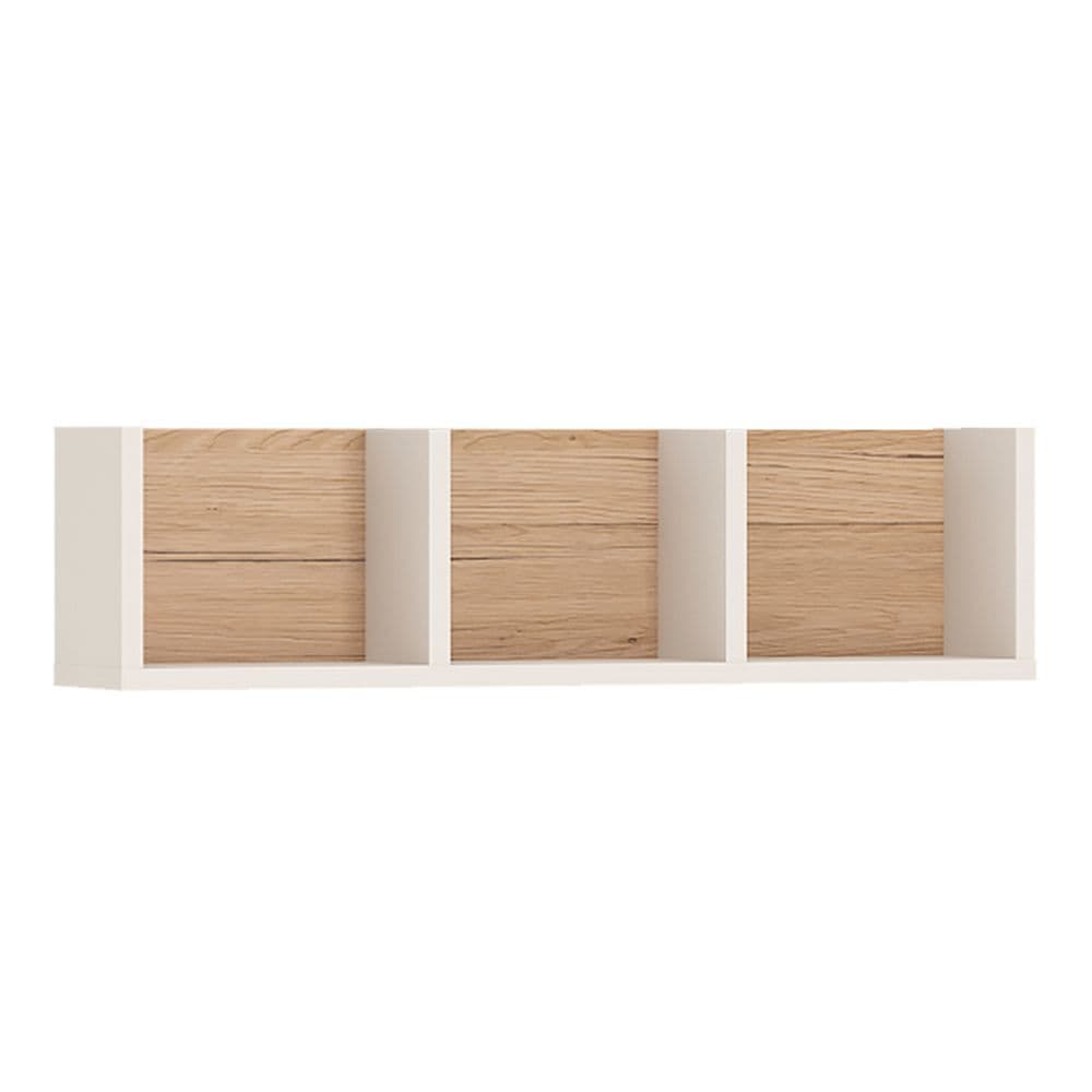 Kinder 70cm Sectioned Wall Shelf in Light Oak and white High Gloss